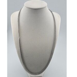 Silver Tone Curb Link Chain Necklace 24 Inch 5mm Flat Cuban Link Unisex